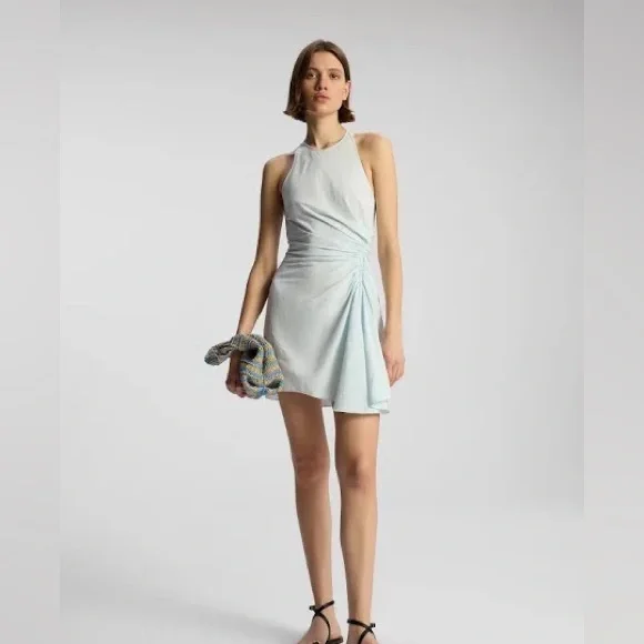 knee length dresses for ladies Linen Mini Dress, Upcycled Linen, in Sparkly Light Blue – blonde gone rogue